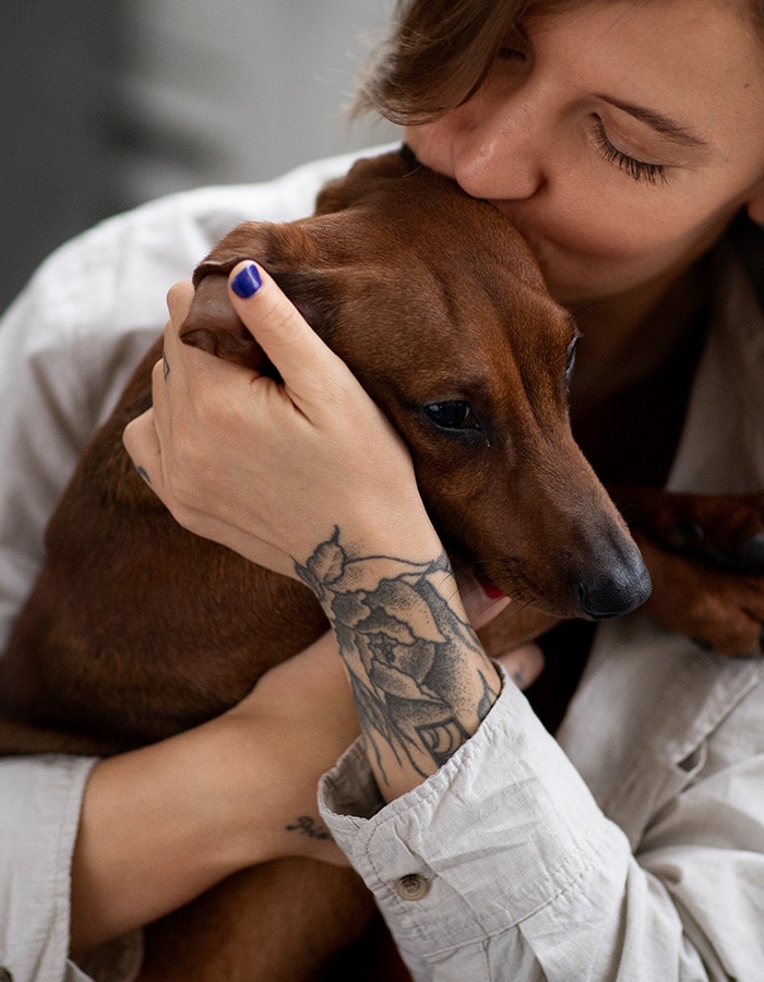 Lady caring her cute little white cat